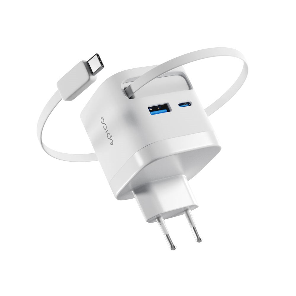 Epico UltraBoost 65W Vægoplader m. USB-C / USB-A / Udtrækkeligt USB-C Kabel - Hvid