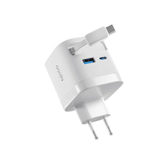 Epico UltraBoost 65W Vægoplader m. USB-C / USB-A / Udtrækkeligt USB-C Kabel - Hvid