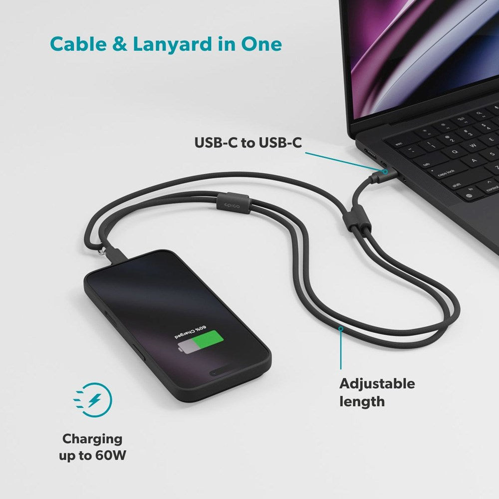 Epico Mobilstrop m. Indbygget 60W USB-C til USB-C Kabel - Sort