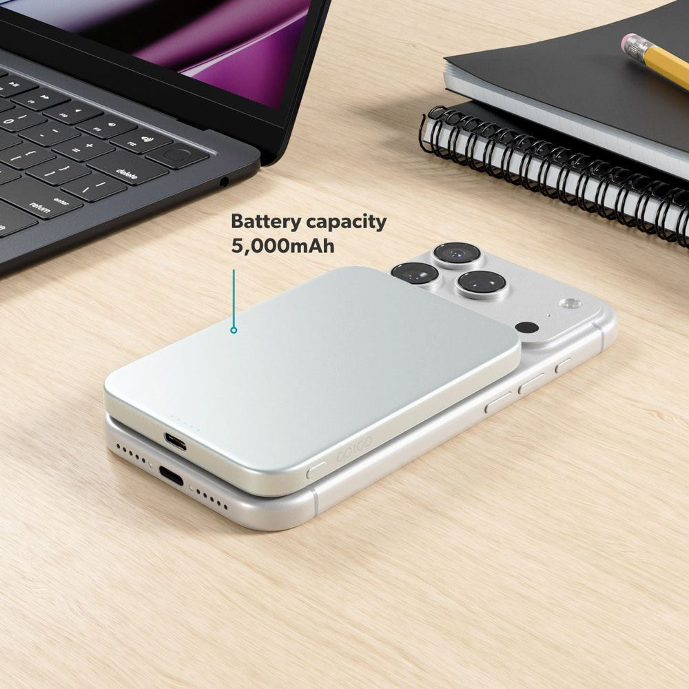 Epico 15W UltraPack EM51 Slim Alu Mag+ 5000 mAh Power Bank m. USB-C - Qi2 / MagSafe Kompatibel - Silver