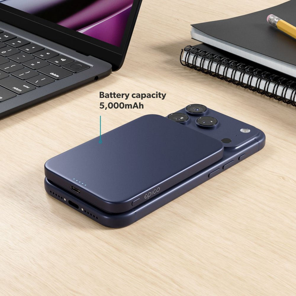 Epico 15W UltraPack EM51 Slim Alu Mag+ 5000 mAh Power Bank m. USB-C - Qi2 / MagSafe Kompatibel - Blue