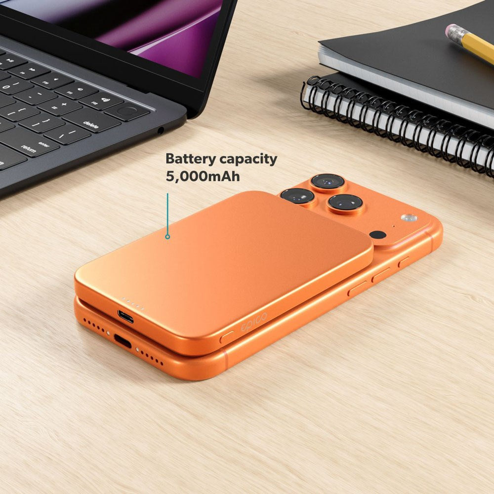 Epico 15W UltraPack EM51 Slim Alu Mag+ 5000 mAh Power Bank m. USB-C - Qi2 / MagSafe Kompatibel - Orange