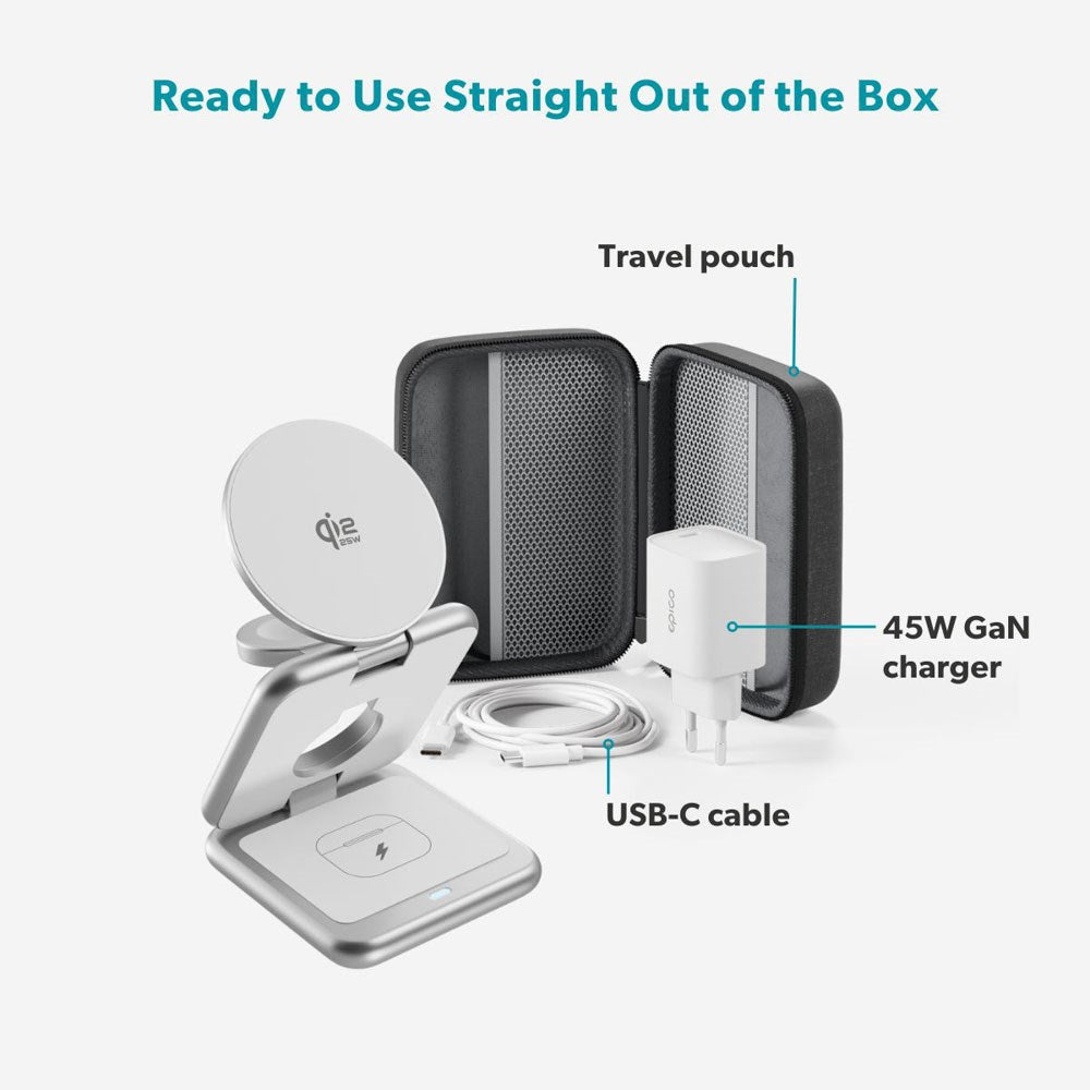 Epico UltraBase EF60 3-i-1 Fold Metal Mag+ Trådløs Oplader - 25W - Qi2 / MagSafe Kompatibel - Sølv