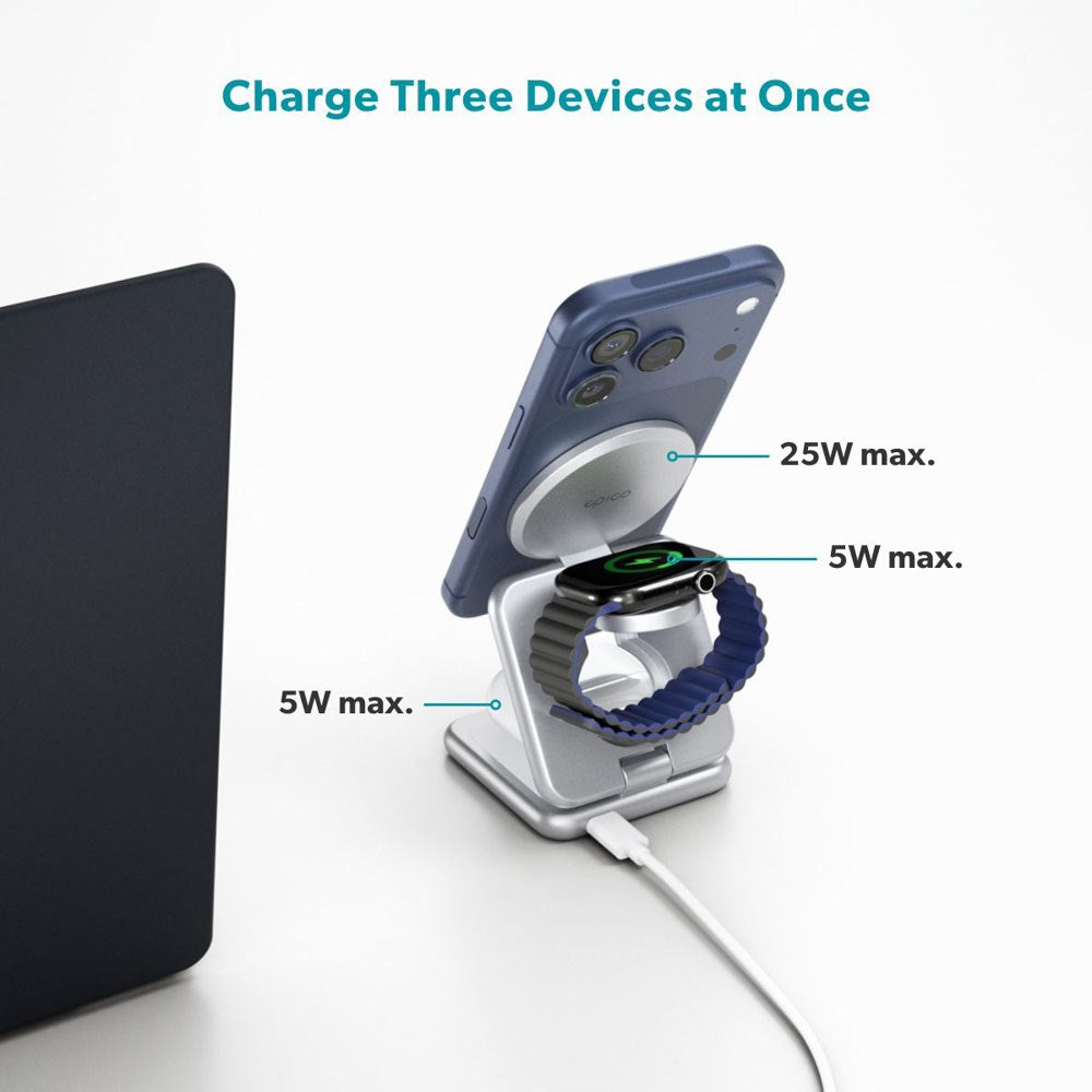 Epico UltraBase EF60 3-i-1 Fold Metal Mag+ Trådløs Oplader - 25W - Qi2 / MagSafe Kompatibel - Sølv