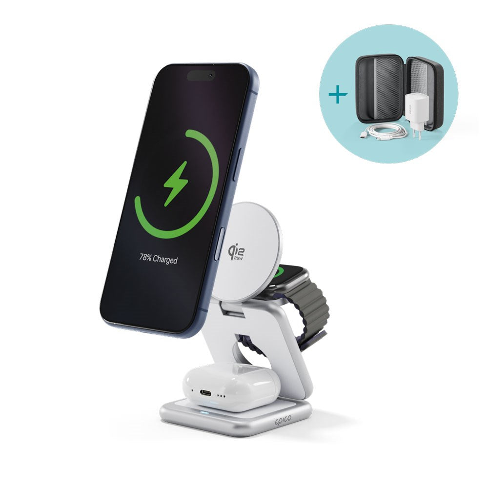 Epico UltraBase EF60 3-i-1 Fold Metal Mag+ Trådløs Oplader - 25W - Qi2 / MagSafe Kompatibel - Sølv