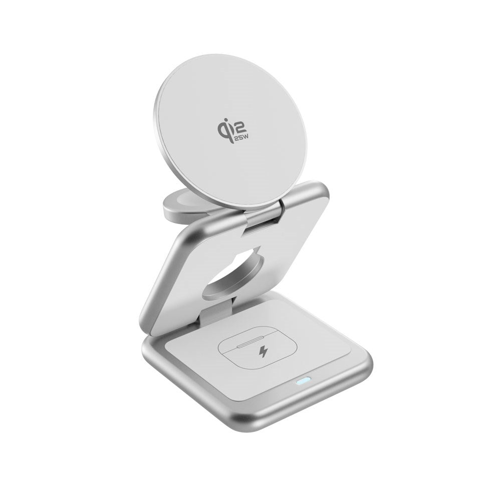 Epico UltraBase EF60 3-i-1 Fold Metal Mag+ Trådløs Oplader - 25W - Qi2 / MagSafe Kompatibel - Sølv