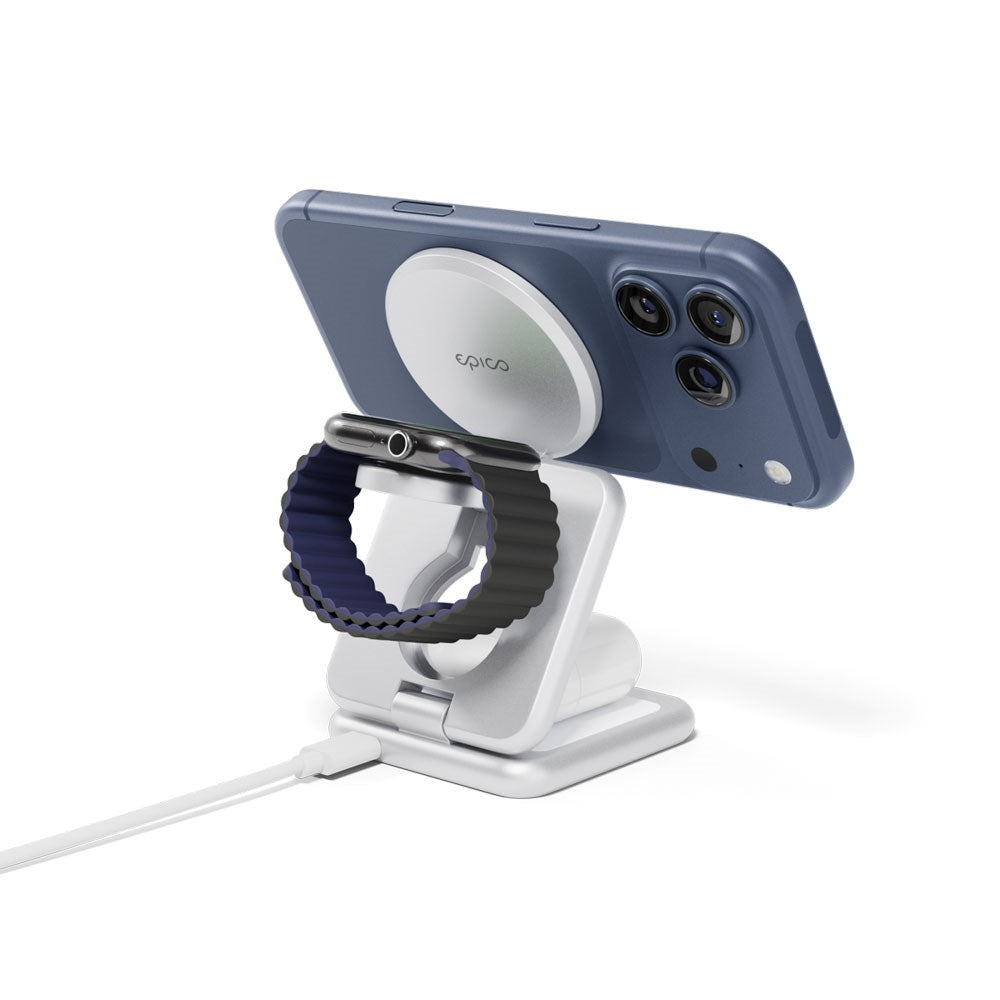 Epico UltraBase EF60 3-i-1 Fold Metal Mag+ Trådløs Oplader - 25W - Qi2 / MagSafe Kompatibel - Sølv