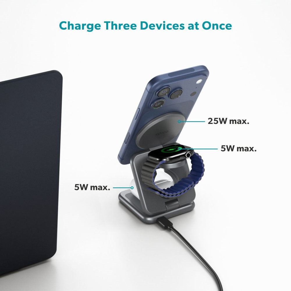 Epico UltraBase EF60 3-i-1 Fold Metal Mag+ Trådløs Oplader - 25W - Qi2 / MagSafe Kompatibel - Grå