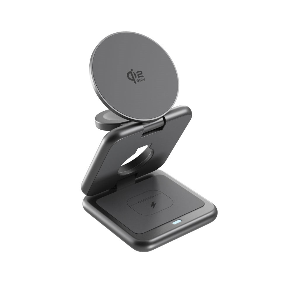 Epico UltraBase EF60 3-i-1 Fold Metal Mag+ Trådløs Oplader - 25W - Qi2 / MagSafe Kompatibel - Grå