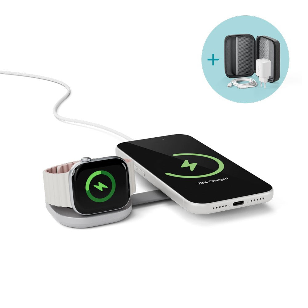 Epico UltraBase Kompakt Trådløs Oplader 25W til Smartphone / Apple Watch - MagSafe / Qi2 Kompatibel - Sølv