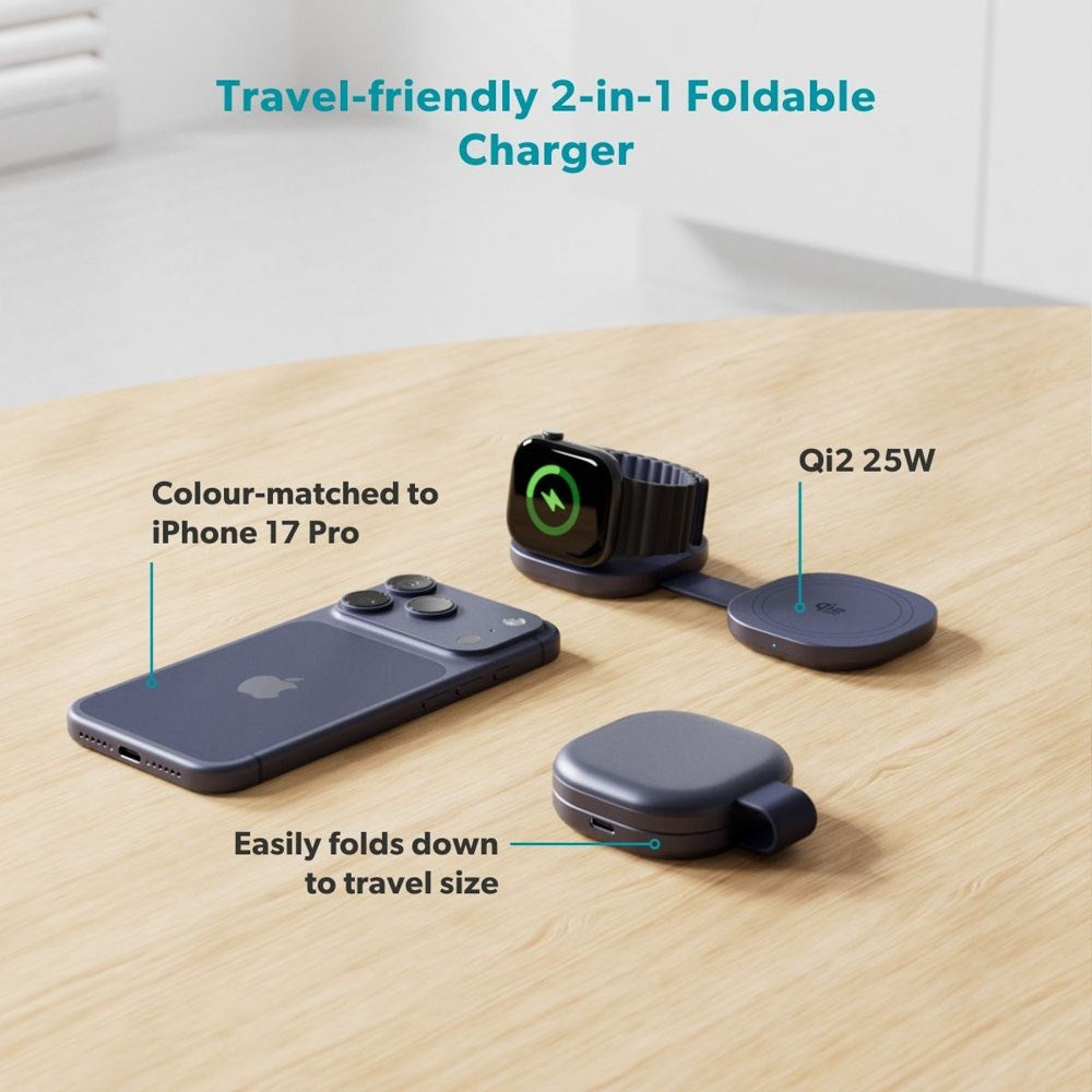 Epico UltraBase Kompakt Trådløs Oplader 25W til Smartphone / Apple Watch - MagSafe / Qi2 Kompatibel - Mørkeblå