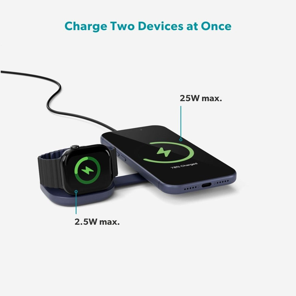 Epico UltraBase Kompakt Trådløs Oplader 25W til Smartphone / Apple Watch - MagSafe / Qi2 Kompatibel - Mørkeblå