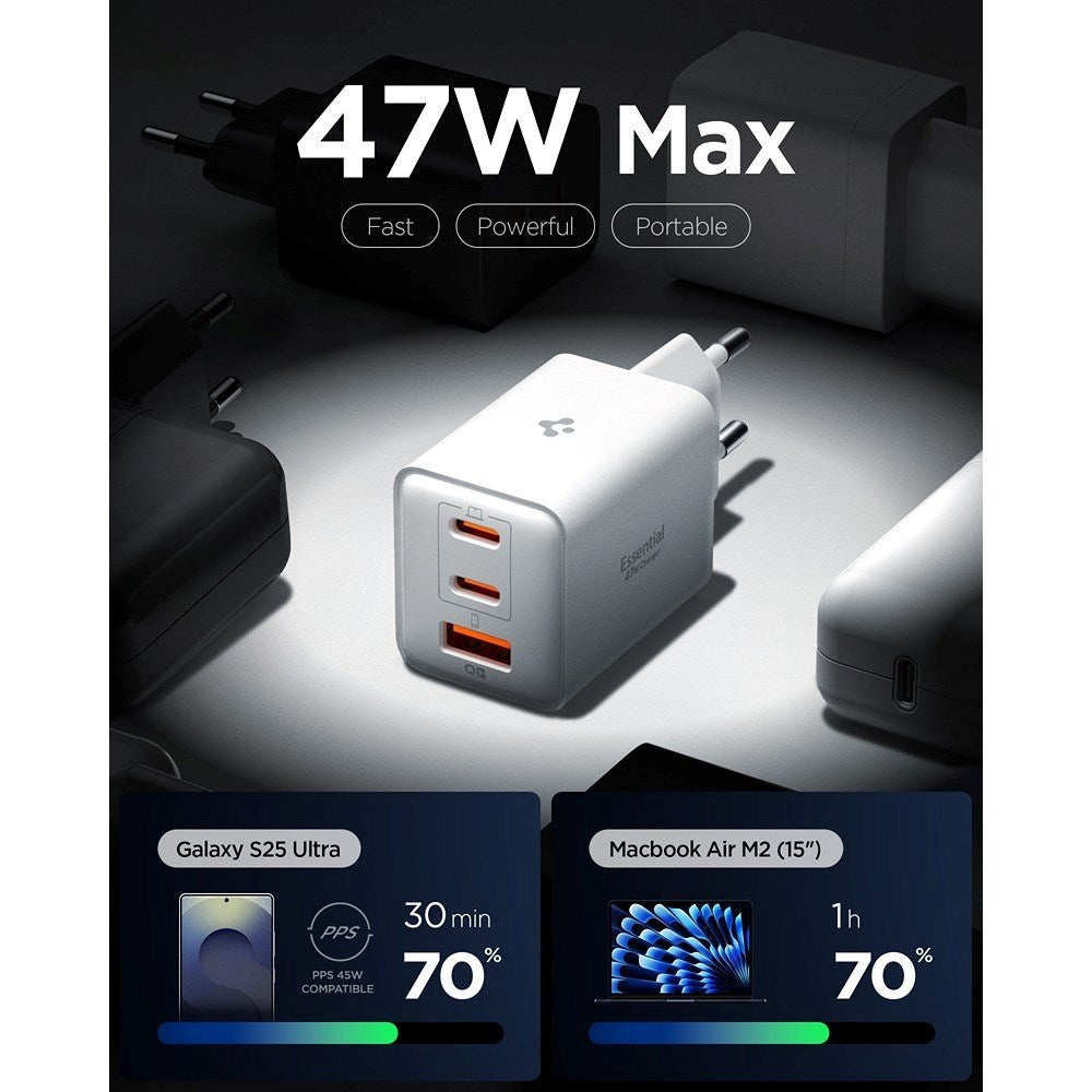 Spigen Essential 47W Vægoplader m. 2 x USB-C & 1 x USB-A - Hvid