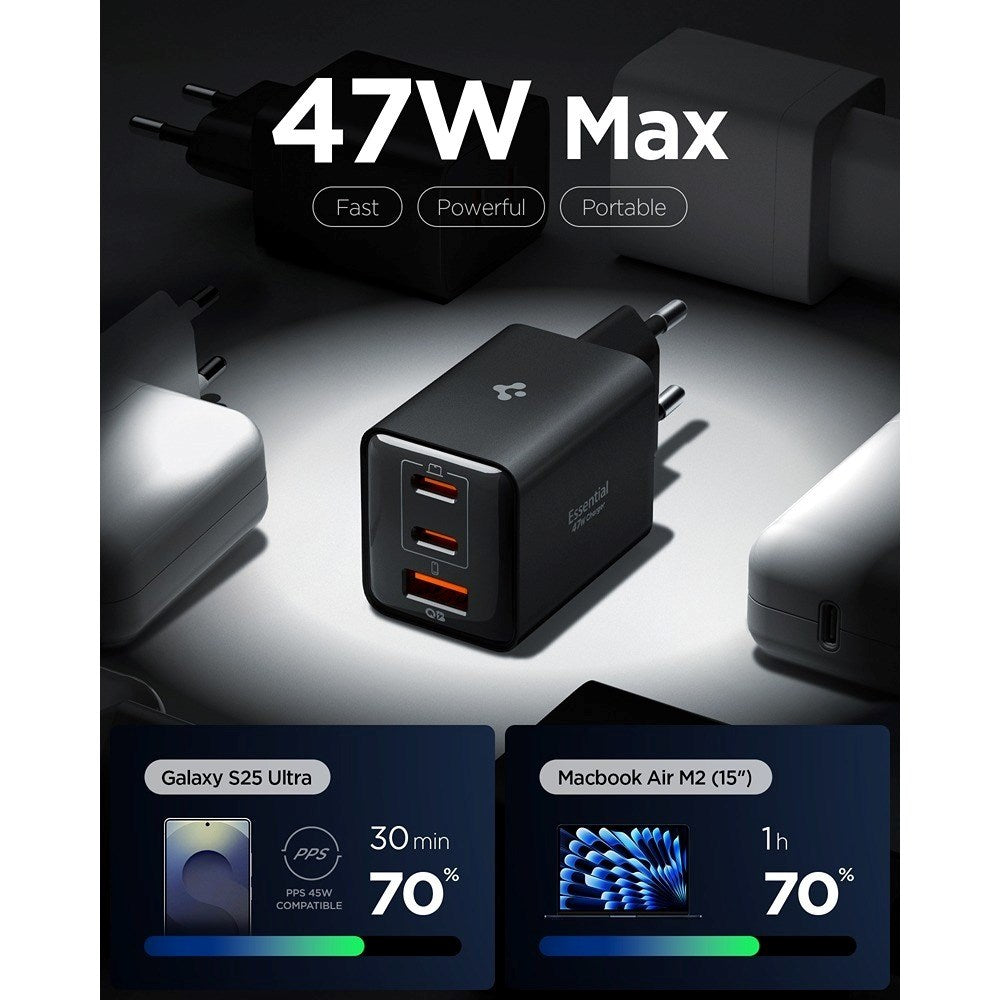 Spigen Essential 47W Vægoplader m. 2 x USB-C & 1 x USB-A - Sort