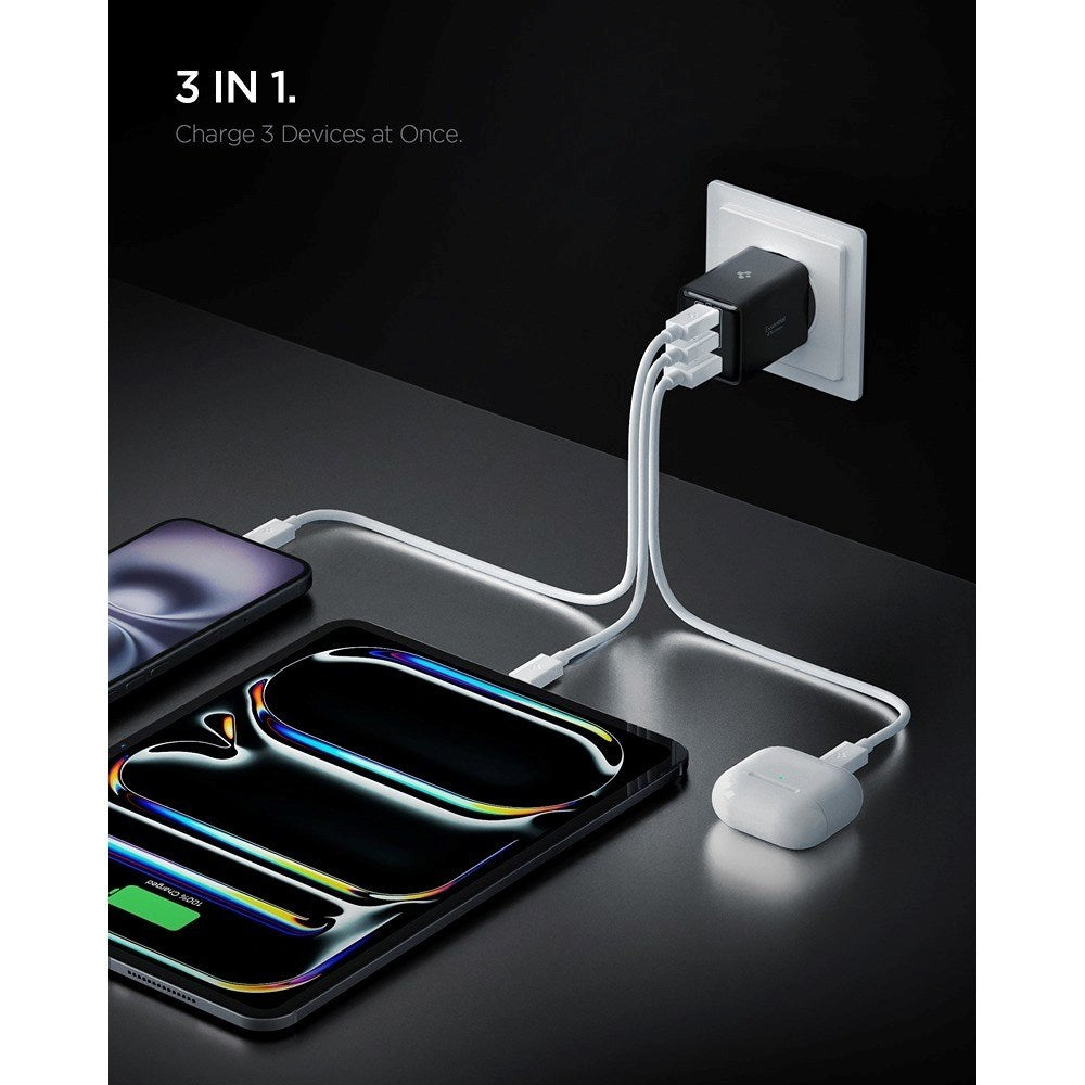 Spigen Essential 47W Vægoplader m. 2 x USB-C & 1 x USB-A - Sort