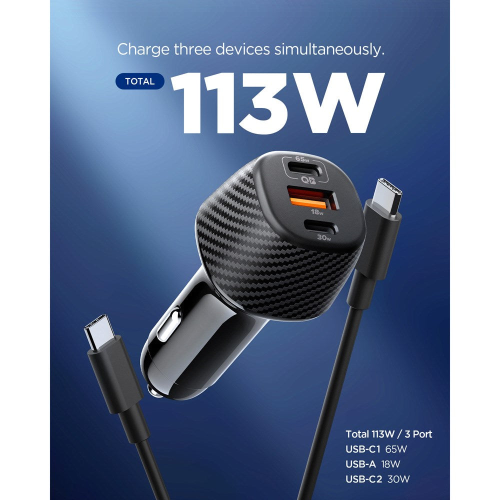 Spigen Essential 113W Biloplader m. 2 x USB-C & 1 x USB-A - Sort