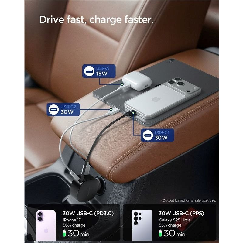 Spigen Essential Biloplader 60W m. Indbygget USB-C Kabel & 1 x USB-C 1 x USB-A - Sort