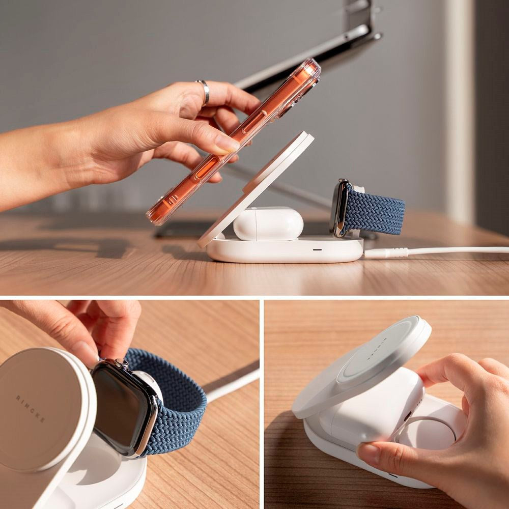 Ringke 3-i-1 Qi2 Foldbar Trådløs Oplader - 25W - MagSafe Kompatibel - Hvid