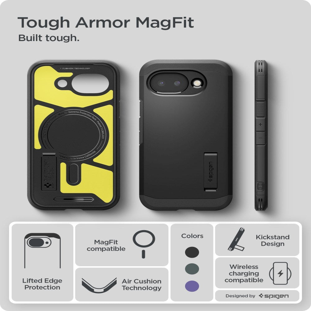 Google Pixel 10a Spigen Tough Armor Hybrid Cover m. Kickstand - MagSafe Kompatibel - Sort