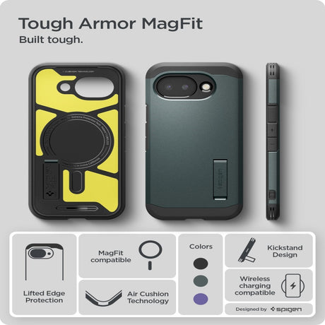 Google Pixel 10a Spigen Tough Armor Hybrid Cover m. Kickstand - MagSafe Kompatibel - Grøn