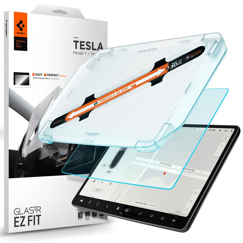 Spigen EZ Fit Skærmbeskyttelse til Tesla Model 3 / Model Y m. Monteringsramme - Gennemsigtig