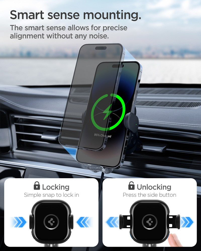 Spigen OneTap Universal 15W Mobiloplader til Bil - Ventilationsanlæg - Maks Mobil: 64 - 92mm - Sort