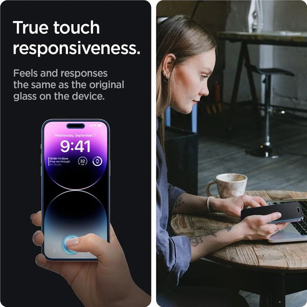 iPhone 14 Pro Max Spigen Privacy EZ Fit Glass Skærmbeskyttelse - 2 stk - Privacy Funktion - Gennemsigtig
