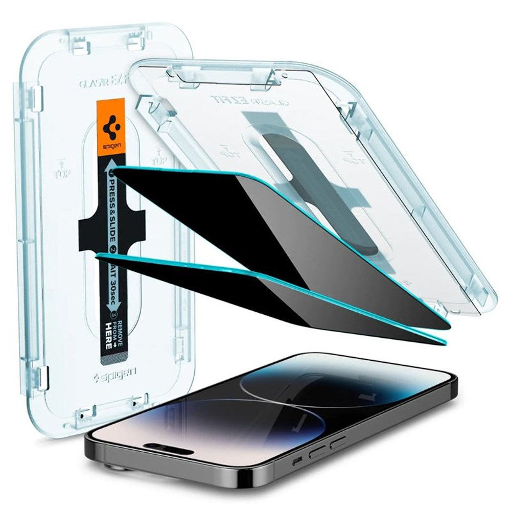 iPhone 14 Pro Spigen Privacy EZ Fit Glass Skærmbeskyttelse - 2 stk - Privacy Funktion - Gennemsigtig