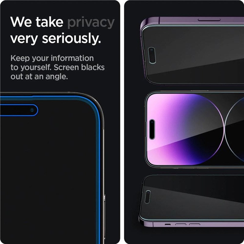 iPhone 14 Pro Spigen Privacy EZ Fit Glass Skærmbeskyttelse - 2 stk - Privacy Funktion - Gennemsigtig