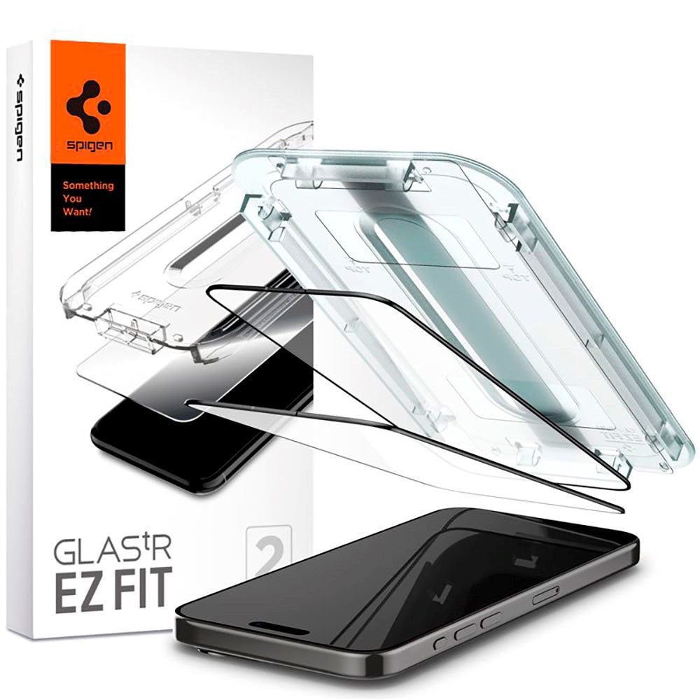 iPhone 15 Pro Max Spigen EZ Fit Glas.tR Skærmbeskyttelse - 2 stk. - Case Friendly - Sort Kant