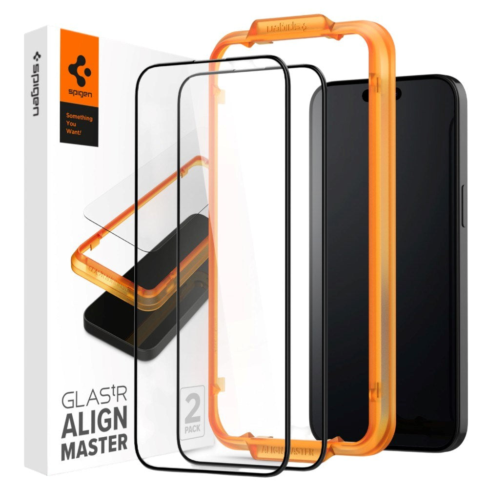iPhone 15 Pro Spigen Glass tR AlignMaster Skærmbeskyttelsesglas - 2 stk - Gennemsigtig / Sort Kant