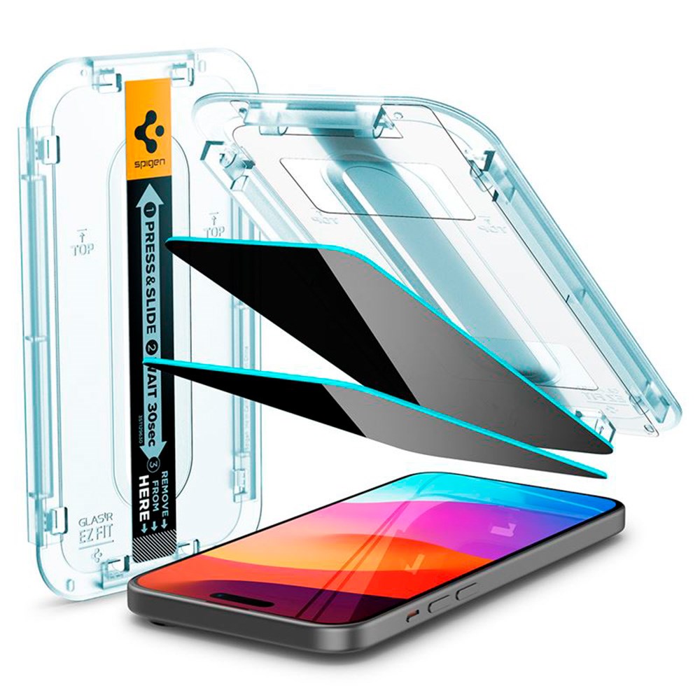 iPhone 15 / 16 Spigen EZ Fit Glas.tR Privacy Skærmbeskyttelse - 2 stk. - Case Friendly - Gennemsigtig