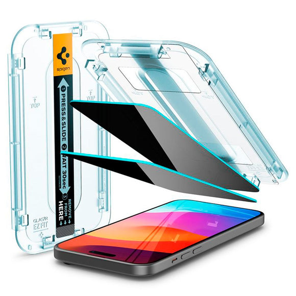 iPhone 15 / 16 Spigen EZ Fit Glas.tR Privacy Skærmbeskyttelse - 2 stk. - Case Friendly - Gennemsigtig