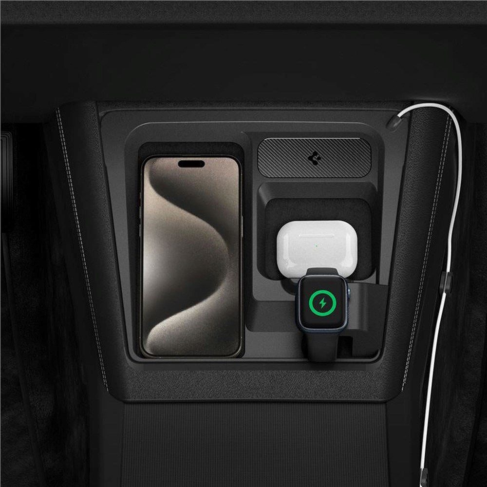 Spigen 3-i-1 Trådløs Opladningsstation til Center Konsol - Tesla Model 3 (2024) - Sort