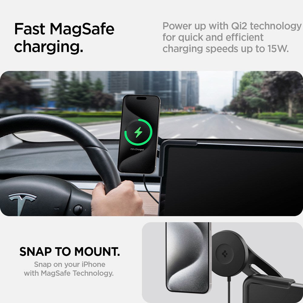 Spigen TapLock Mobilholder til Tesla S / 3 / X / Y / Cybertruck - MagSafe Kompatibel - Sort