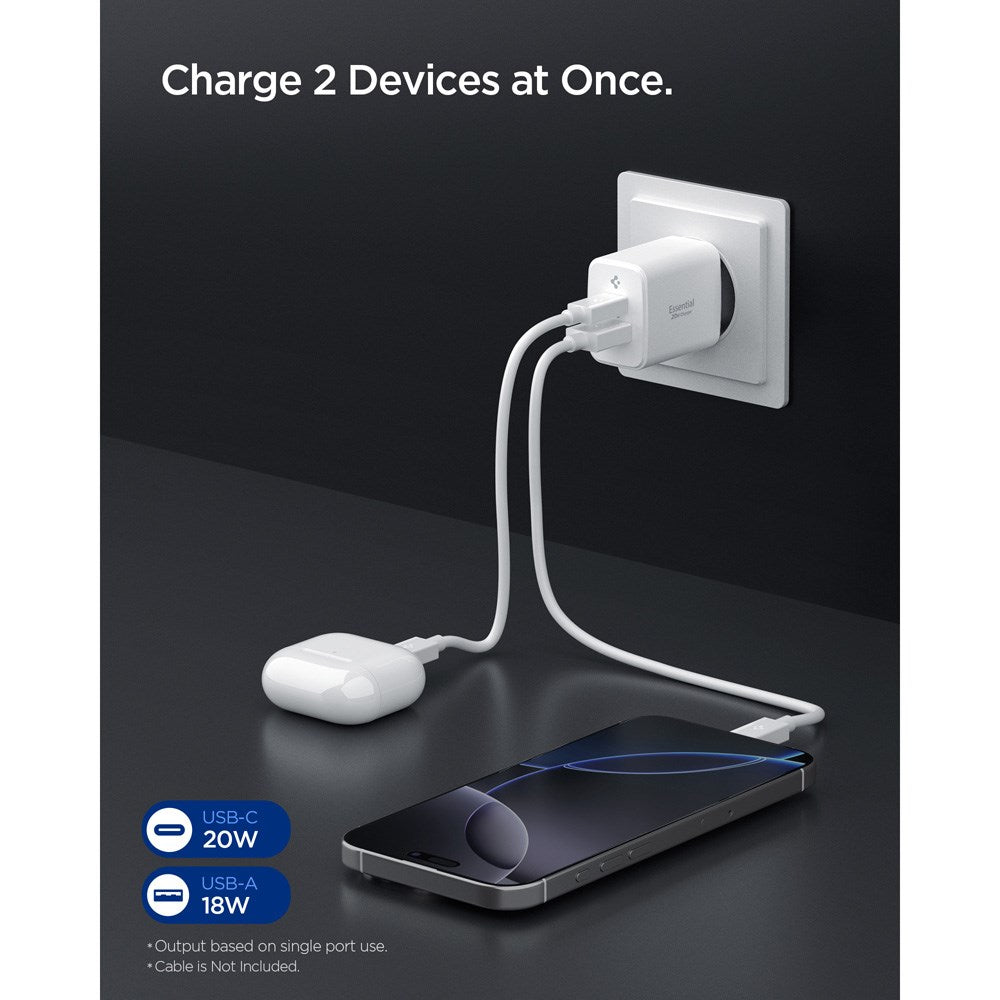Spigen Essential 20W Vægoplader m. 1 x USB-C & 1 x USB-A - Hvid