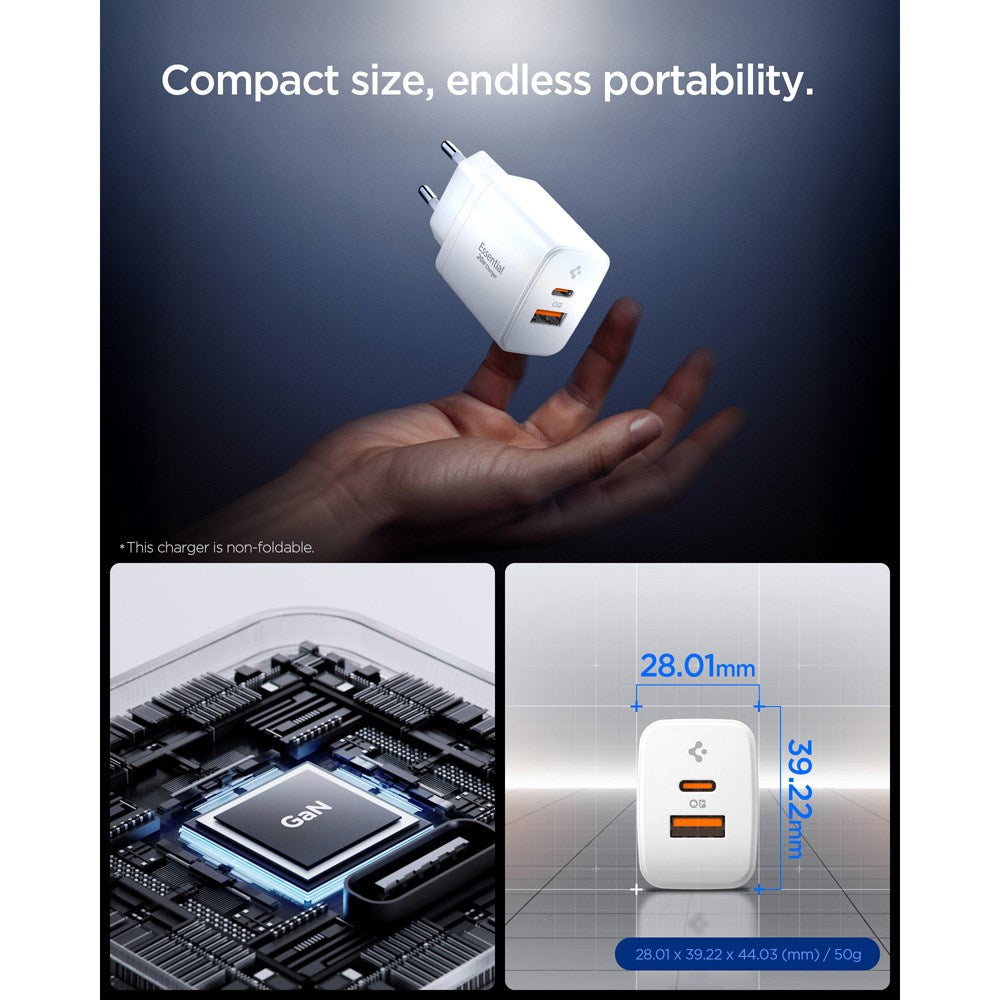 Spigen Essential 20W Vægoplader m. 1 x USB-C & 1 x USB-A - Hvid