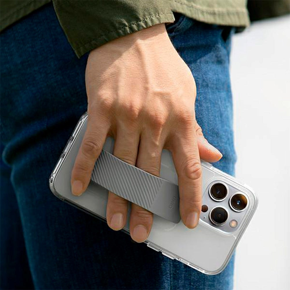 iPhone 14 Plus UNIQ Fleksibelt Bagside Cover m. Heldro Mount - Gennemsigtig