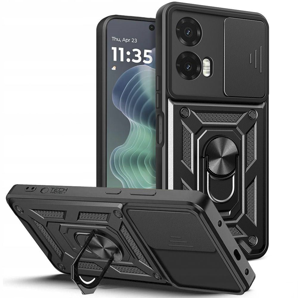 Motorola Moto G35 5G Tech-Protect Camshield m. Magnetisk Fingerring & Ståfunktion - Sort