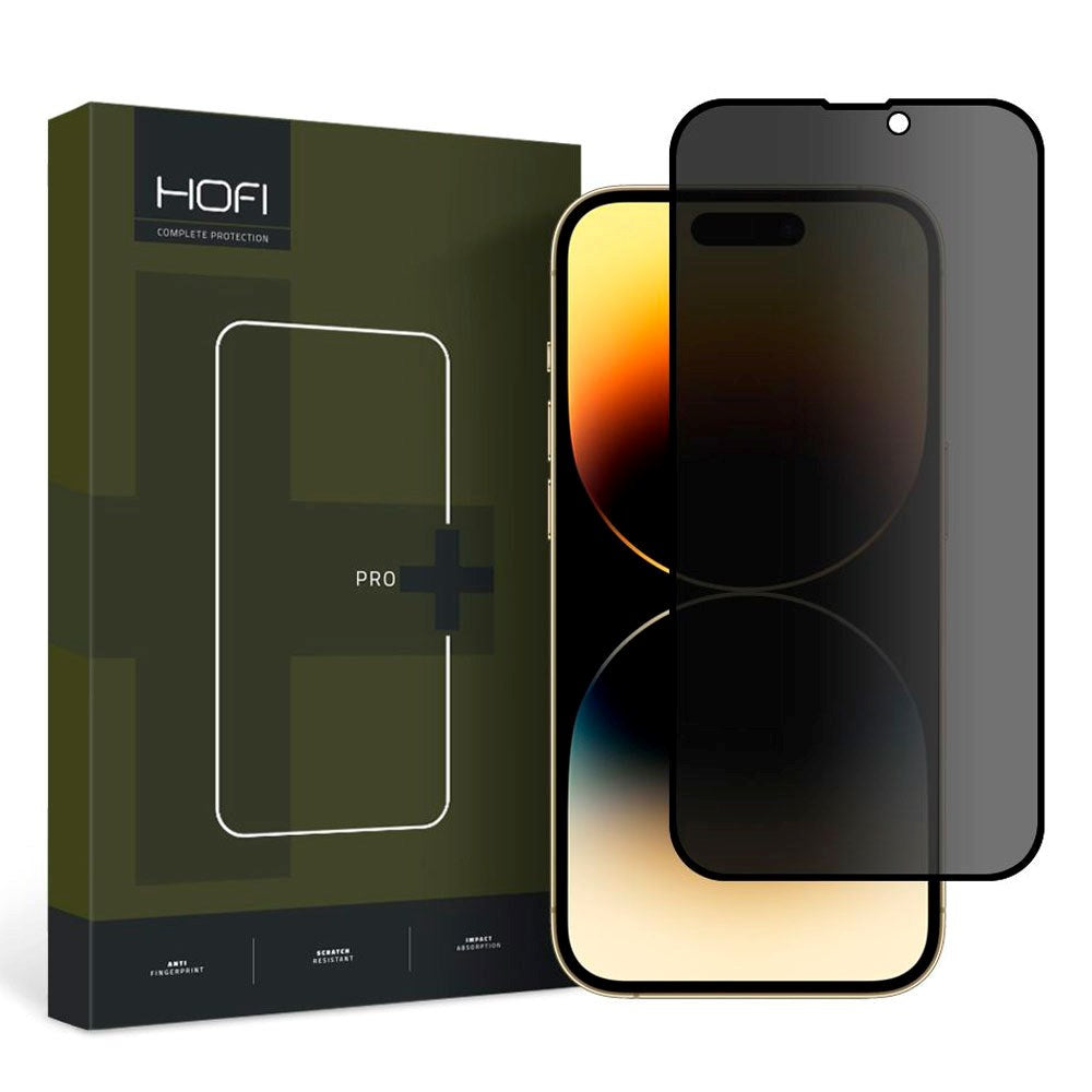 iPhone 15 Hofi Glass Pro+ Skærmbeskyttelse m. Privacy Funktion - Case Friendly - Gennemsigtig / Sort Kant