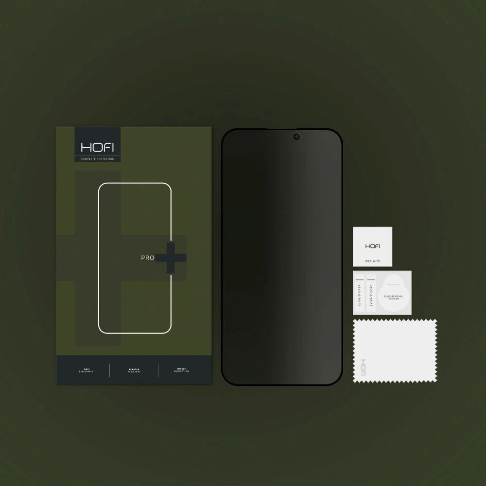 iPhone 15 Pro Max Hofi Glass Pro+ Skærmbeskyttelse m. Privacy Funktion - Case Friendly - Gennemsigtig / Sort Kant