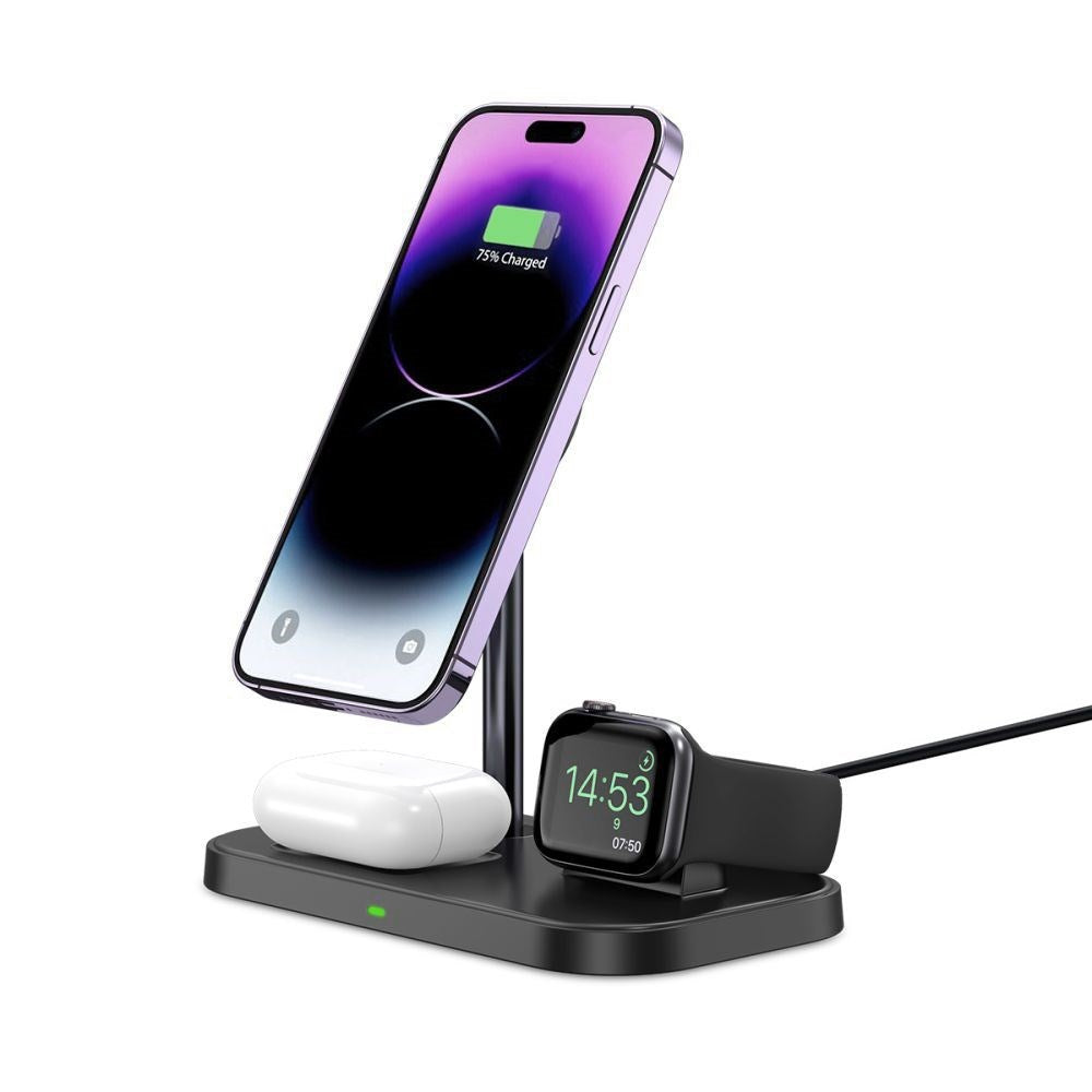 Tech-Protect A22 3-in-1 Trådløs Oplader 15W - MagSafe Kompatibel - Sort