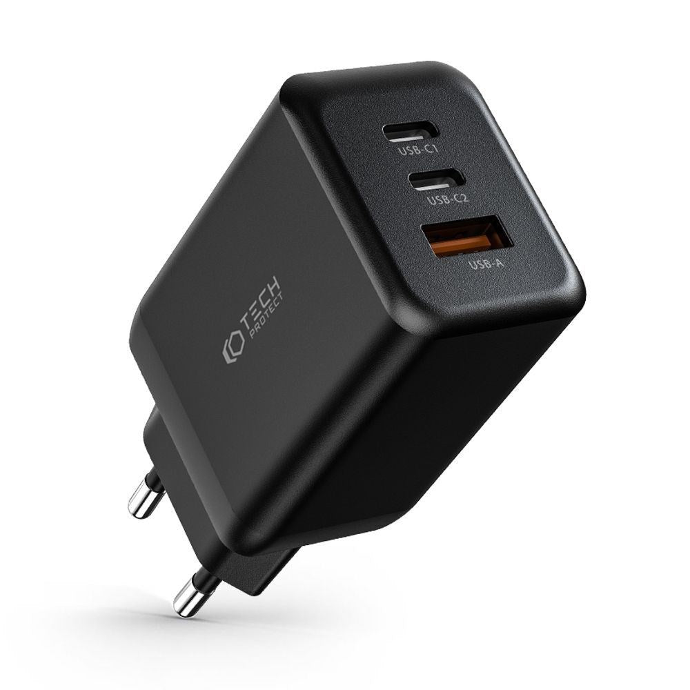 Tech-Protect PD 65W Vægoplader m. 2 x USB-C & 1 x USB-A - Sort
