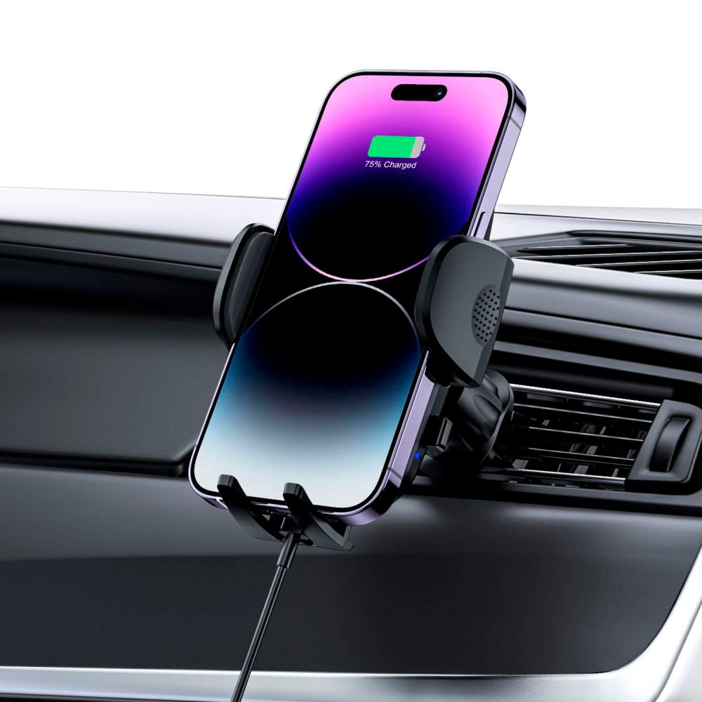 Tech-Protect Mobilholder m. 15W Trådløs Opladning til Instrumentbræt & Ventilationsanlæg - Maks Mobil: 50 - 95mm - Sort