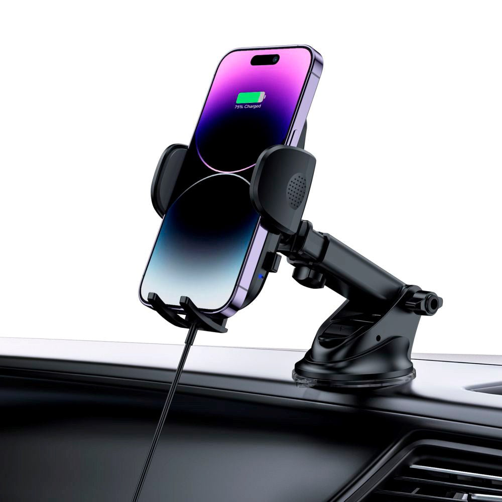 Tech-Protect Mobilholder m. 15W Trådløs Opladning til Instrumentbræt & Ventilationsanlæg - Maks Mobil: 50 - 95mm - Sort