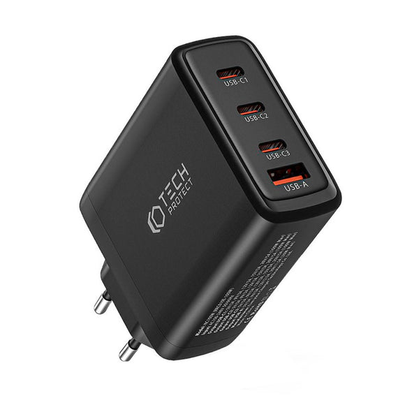Tech-Protect PD 100W GaN Vægoplader m. 3 x USB-C & 1 x USB-A - Sort