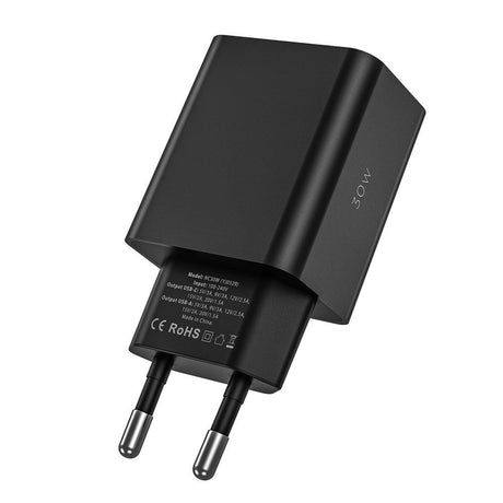Tech-Protect 30W Vægoplader m. 1 x USB-C PD & 1 x USB-A QC - Sort