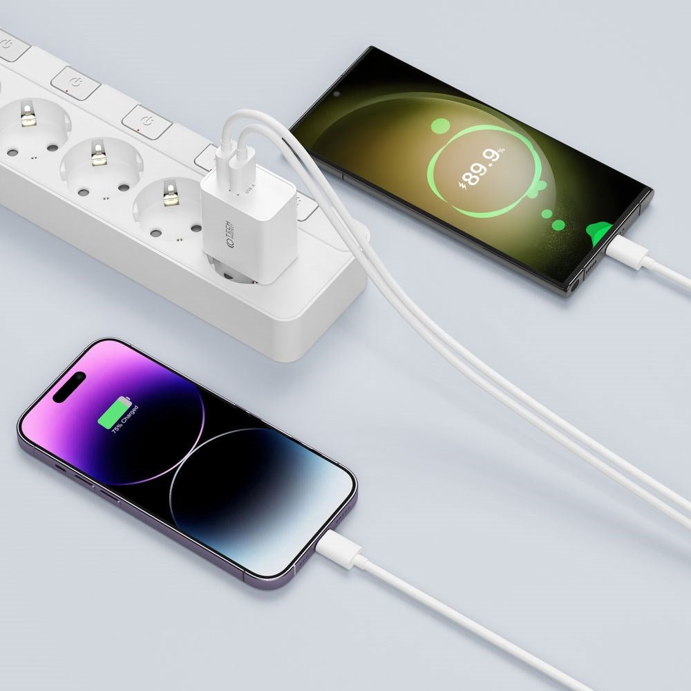 Tech-Protect 30W Vægoplader m. 1 x USB-C PD & 1 x USB-A QC - Hvid