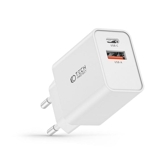 Tech-Protect 30W Vægoplader m. 1 x USB-C PD & 1 x USB-A QC - Hvid