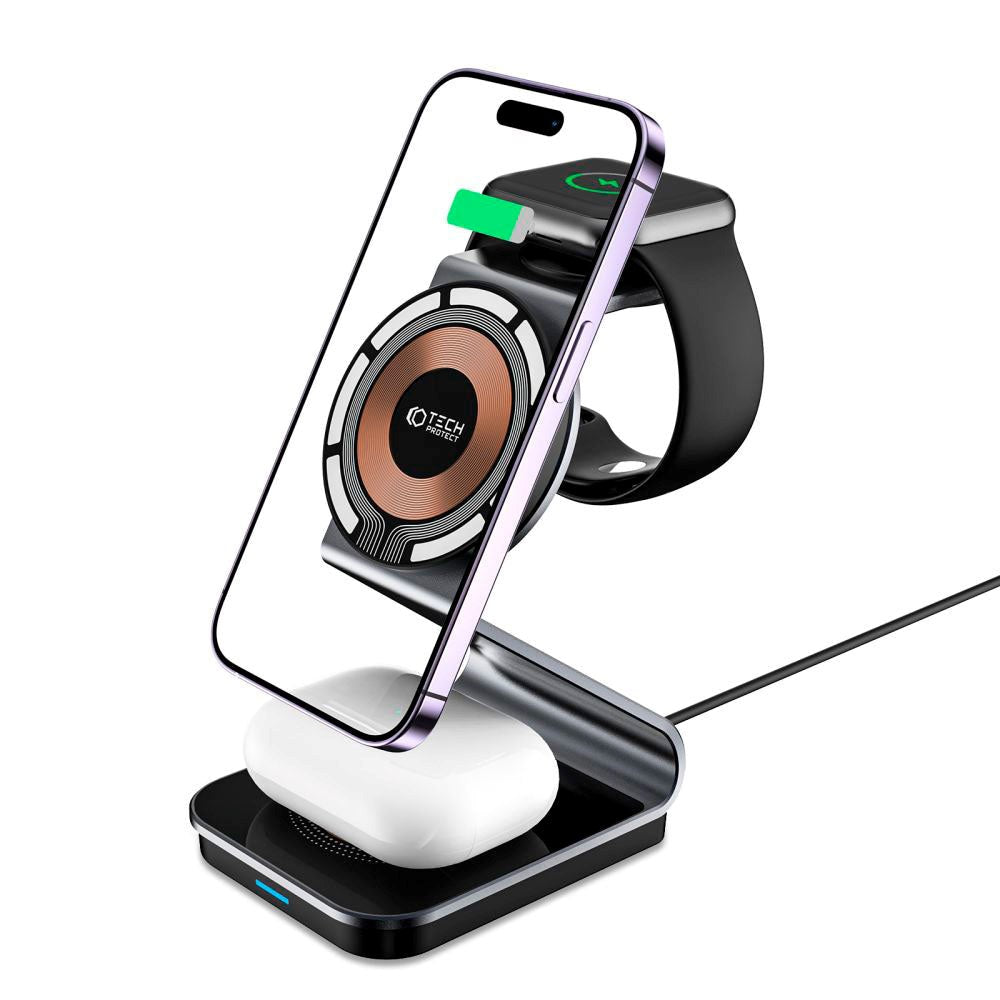 Tech-Protect QI15W-A29 3-in-1 Magnetisk Trådløs Oplader - Sort